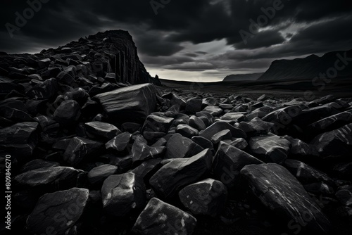 Austere Stone black landscape. Stone sand. Generate Ai photo