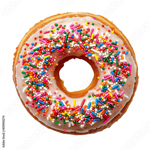 A delicious donut with white frosting and rainbow sprinkles.isolated on white and transparent background. photo