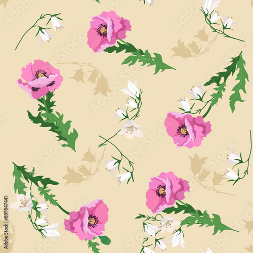 Poppy and campanula on a beige background. Seamless vector illustration.