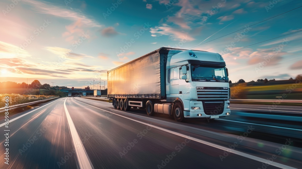 A semi truck speeding along a highway with a vibrant sunset in the background, symbolizing logistics and transport.