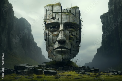 Intimidating Stone head giant. Park monument. Generate Ai