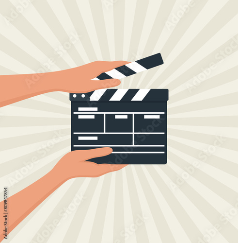 Hands holding black clapper board on beige background, flat vector illustration
