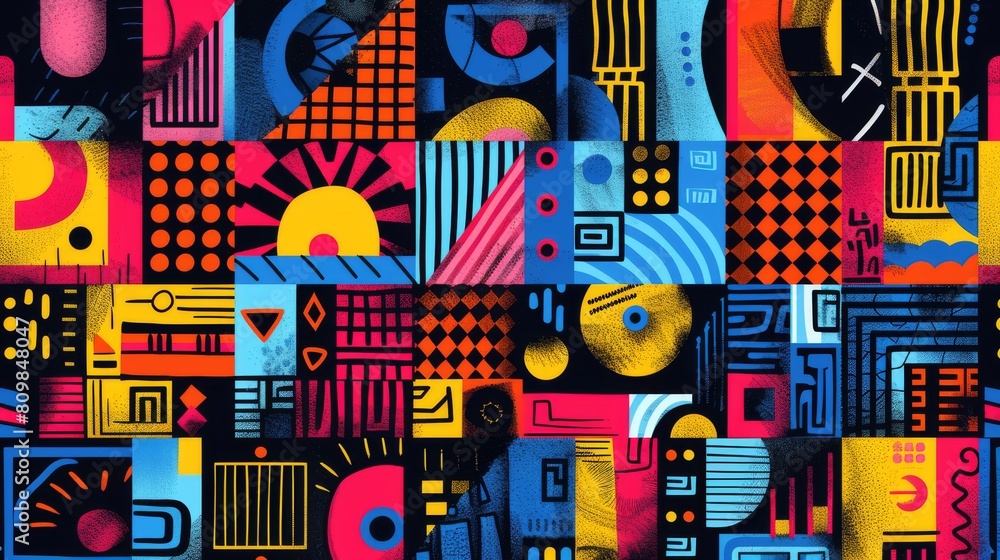 A vibrant backdrop of colorful abstract geomatic graffiti A vibrant backdrop of colorful abstract geomatic graffiti