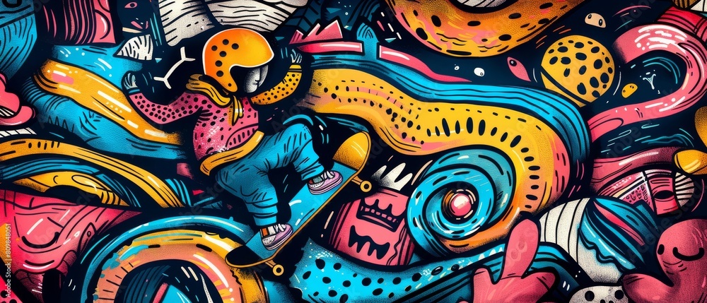 a colorful background, a lively skateboarder dashes by amidst graffiti-laden walls a colorful background, a lively skateboarder dashes by amidst graffiti-laden walls