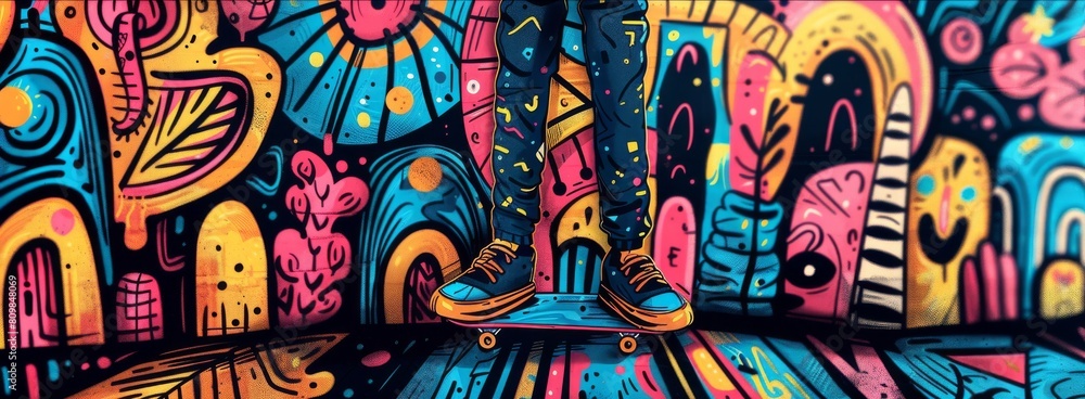 a vibrant backdrop, a graffiti-clad skateboarder adds a burst of color to the scene a vibrant backdrop, a graffiti-clad skateboarder adds a burst of color to the scene