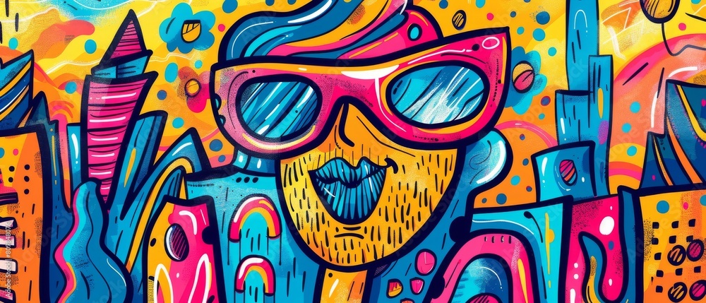 A vibrant background of abstract graffiti bursts with color and energy