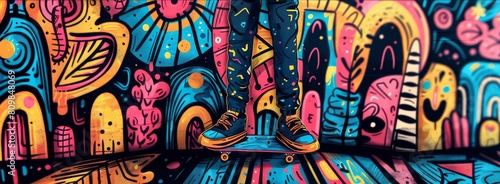 a vibrant backdrop, a graffiti-clad skateboarder adds a burst of color to the scene