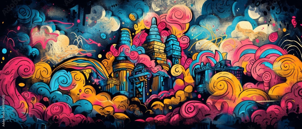 Colorful background sets off vibrant temple graffiti