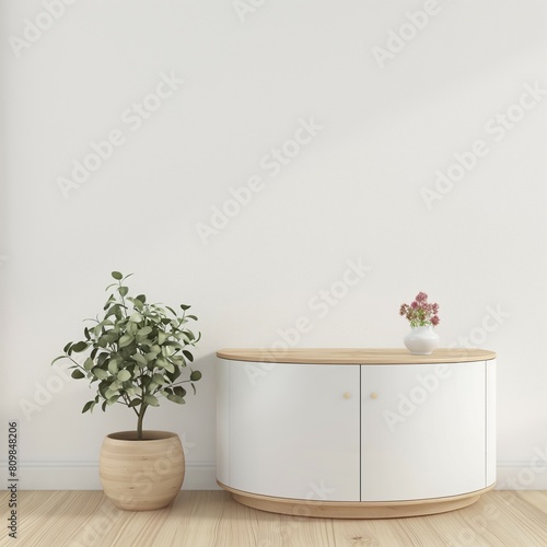 Simple white cabinet chest of drawers, white blank wall home room interior design