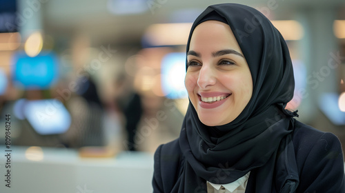 Arabic woman in Hijab at an indoor location. Happy Middle Eastern female national ideal in headscarf