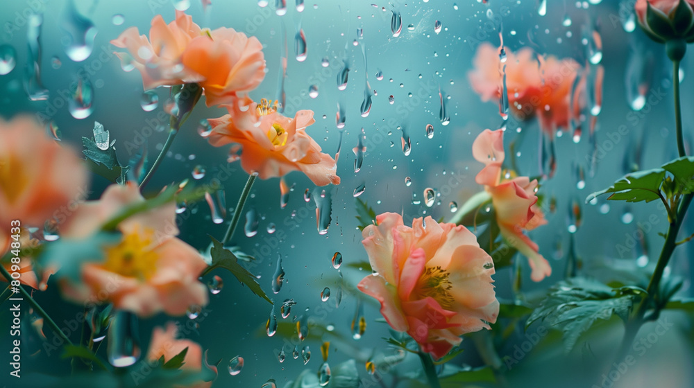 Colorful flowers behind cloudy glass in drops of water	