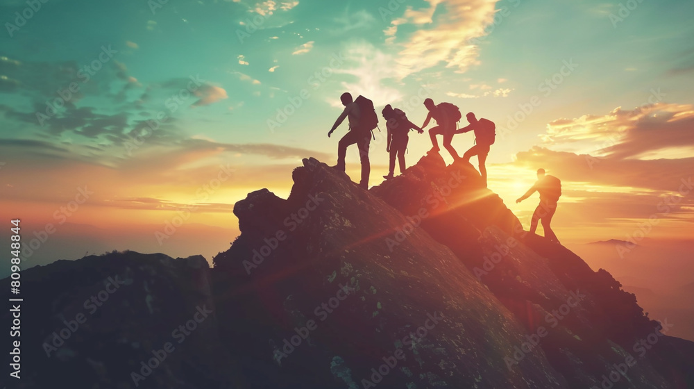 concept business success trekking travel work team helping climbing mountain peak people group together hand leadership trust collaborating hope support sunset freedom motion active help climb