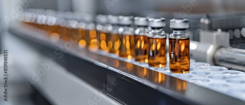 Biopharmaceutical Production manufacturing process, A row of vials with various brown liquids inside are placed on a metal shelf in an industrial laboratory