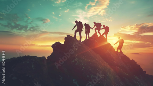 concept business success trekking travel work team helping climbing mountain peak people group together hand leadership trust collaborating hope support sunset freedom motion active help climb