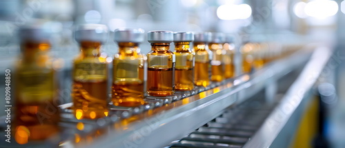 Biopharmaceutical Production manufacturing process  A row of vials with various brown liquids inside are placed on a metal shelf in an industrial laboratory