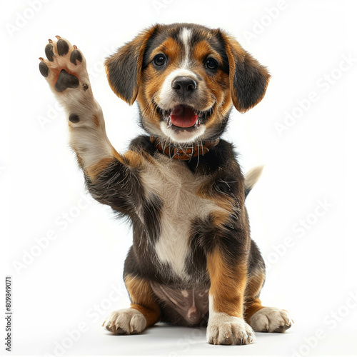 Cute beagle puppy offers a high five gesture, demonstrating obedience and happiness. AI generative technology optimizes dog photography. photo
