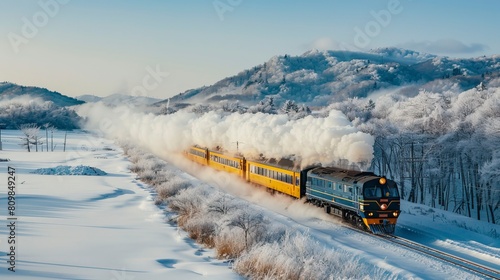 A beautiful train rides on snow-covered rails