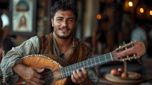 A baglama player strumming with passion, their instrument's strings vibrating against a warm, rustic brick wall backdrop © Maher