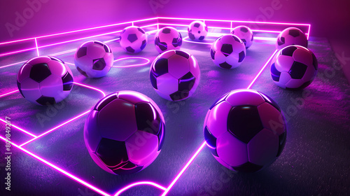Neon Lit Soccer Balls on a Futuristic Digital Playing Field photo