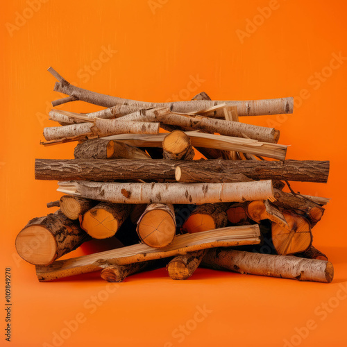 Close-up of a bright orange wood pile, providing a colorful texture background. AI generative technology optimizes woodpile photography. photo