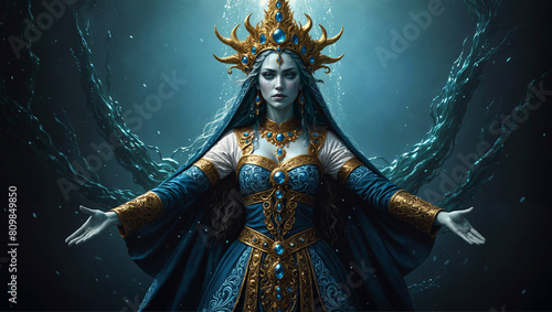 A folklore water maiden, ancient guardian deity of the seas, submerged environment, blue and golden decorative dress, fantasy illustration, high detail, no AI artifacts
