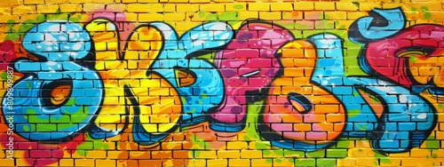 Colorful graffiti text on a yellow brick wall background. The graffiti is in the style of colorful street art.