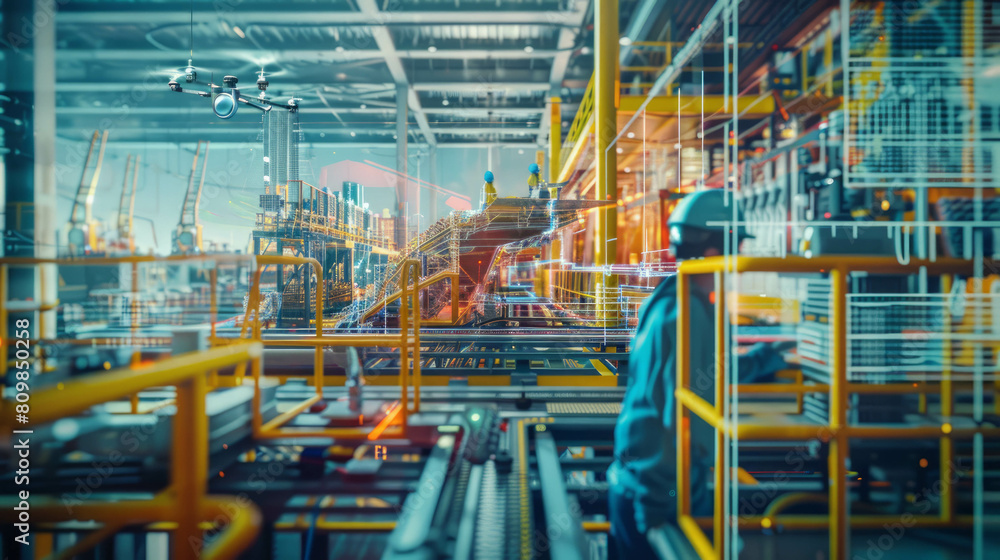 Modern factory of the future captured in real pictures, highlighting innovation and efficiency. AI generative techniques refine manufacturing visuals.