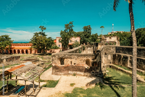 Scenic view of ruins architecture inside Fort Jesus - an ancient fortification in Mombasa, Kenya