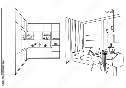 Kitchen interior sketch. Interior