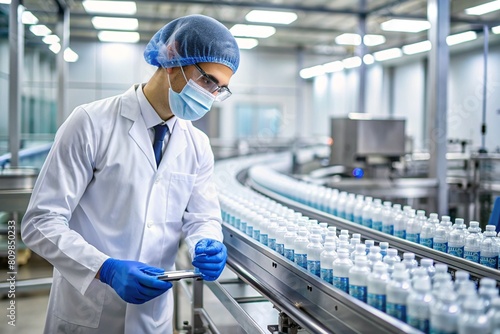 Production of medicines. A pharmacist checks medical vials on an automatic conveyor of a pharmaceutical factory production line using artificial intelligence.