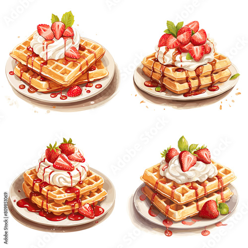 Vector design of collection of belgian waffles with strawberry filling