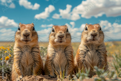 Three Curious Ground Squirrels Posing in Wild Grass