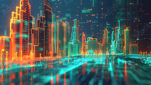 Futuristic Digital Cityscape with Neon Lights and Data Streams