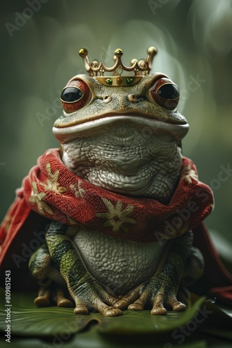 A whimsical frog prince donned in a regal crown  set against a lush green lily pad backdrop in a fairy tale-themed 3D rendering.