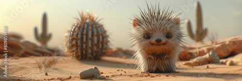 A lone 3D porcupine costume blends with a cactus in a minimalist style against a desert sand backdrop, evoking its natural habitat. photo