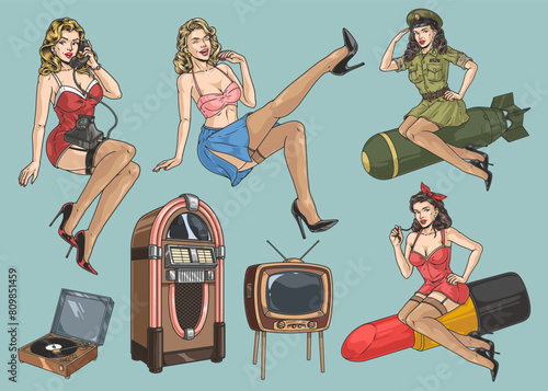 Pin-up girls colorful set sticker