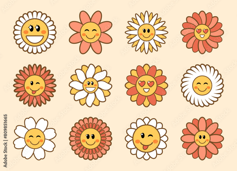 Set of groovy daisy flowers with funny faces. Flower power sticker pack in trendy hippie 60s, 70s retro style. Set of groovy daisy flowers with funny faces. Flower power sticker pack in trendy hippie 60s, 70s retro style.