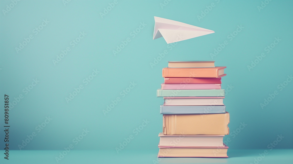 Fototapeta premium Paper Airplane Taking Off from a Stack of Colorful Books