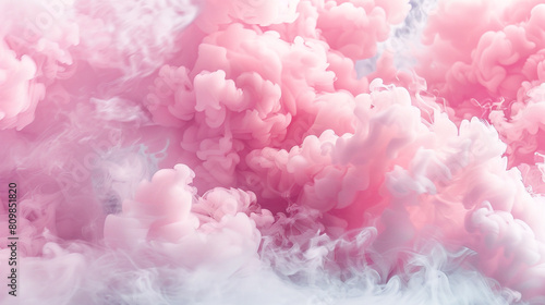Soft clouds of smoke in a delicate pink and soft white, forming fluffy shapes that resemble cotton candy.