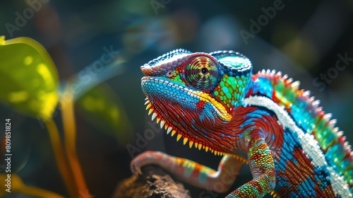 A closeup of a colorful chameleon sitting on a branch. The chameleon is bright green, blue, and orange, and its skin is covered in intricate patterns. © Galib