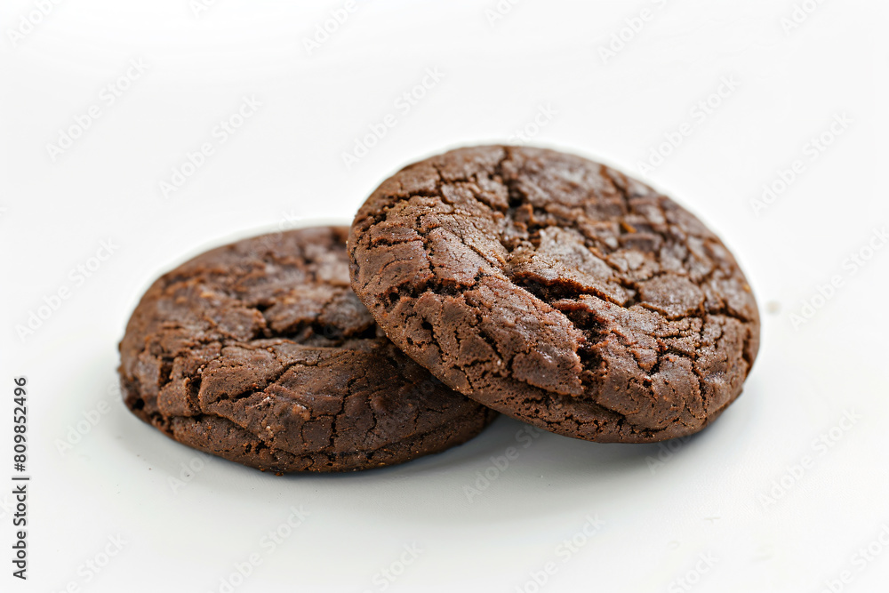 two chocolate cookies on a plate on a white surface two chocolate cookies on a plate on a white surface