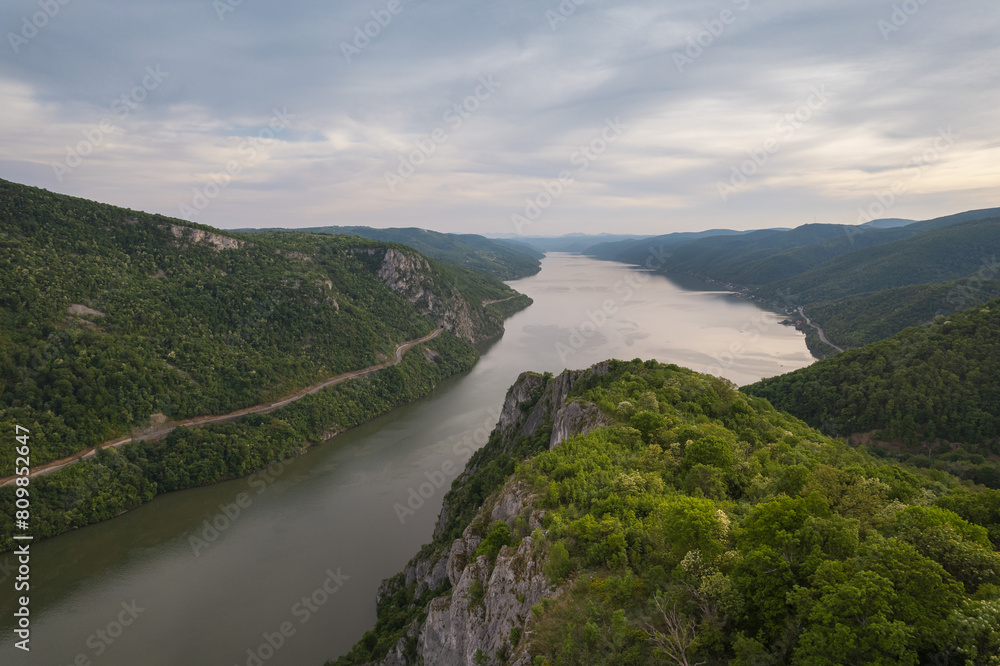Aerial summer landscape above the Danube Gorge, at Dubova, Romaniassing the gorge, at sunset