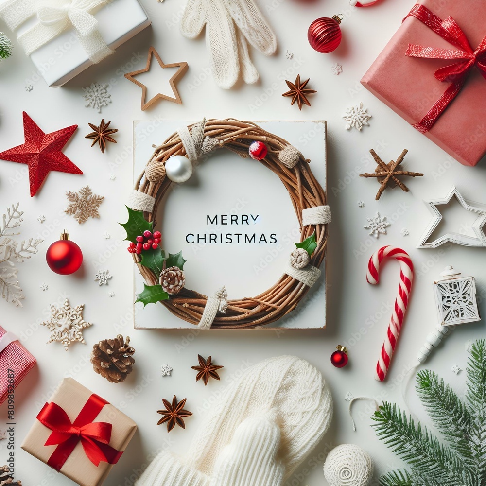 Obraz premium Merry Christmas and Happy Holidays greeting card, frame, banner. New Year. Christmas white handmade gifts and red decor on light background top view. Winter xmas holiday theme. Flat lay