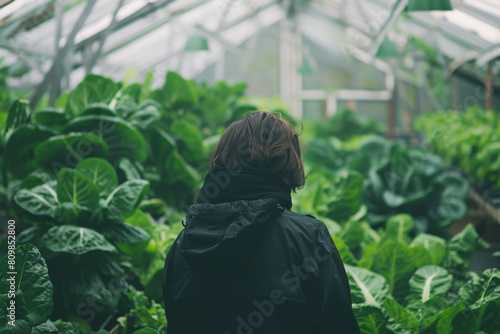 Person Contemplating in Lush Greenhouse Garden