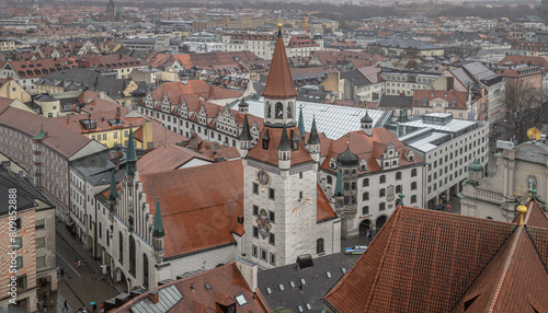 Aerial view of Marienplatz and Old Town Hall (Altes Rathaus) of Munich. Marienplatz is the most important town square of Munich and is a pedestrian zone. Space for text, Selective focus.