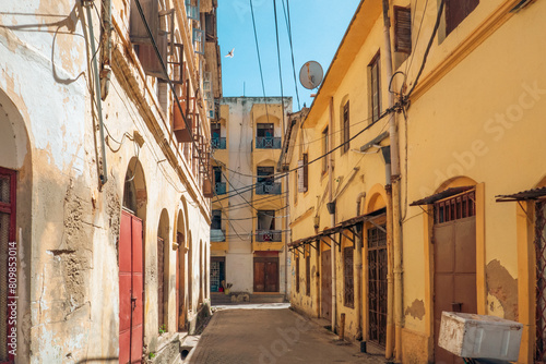Narrow allay amidst buildings at Ol Town in Mombasa, Kenya