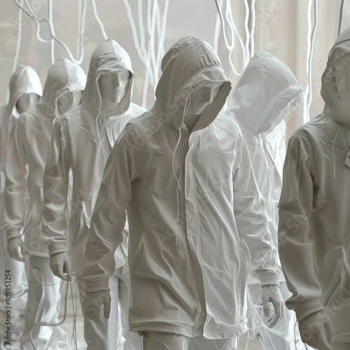 Group of people in white jackets, reflecting trendy fashion. AI generative techniques refine fashion photography. photo