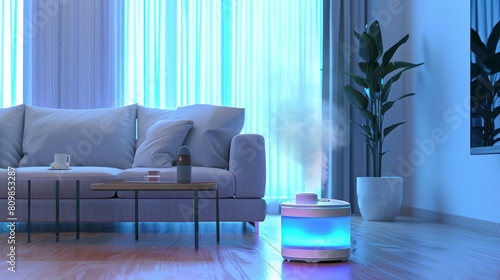 Minimalist living room table with smart humidifier tech. Contemporary home improvement. AI generative refines modern living visuals.