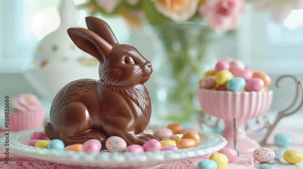 A chocolate bunny sitting atop a decorative plate, surrounded by pastel colored candies and jelly beans A chocolate bunny sitting atop a decorative plate, surrounded by pastel colored candies and jelly beans