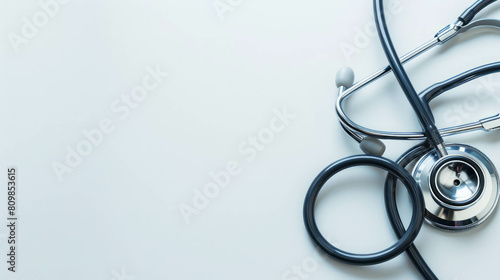 Doctor's stethoscope on white hospital background, representing medical care and expertise. AI generative innovation enriches medical photography. photo